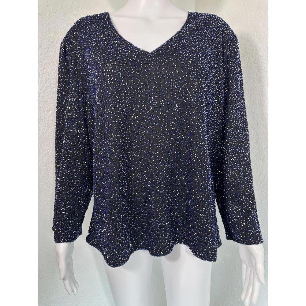 Brilliante By J.A. 3X Hand Beaded Black Blue Sequin Evening Top Plus